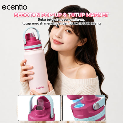 [Soft Rose Pink Series] ecentio Tumbler Stainless 900ml/1200ml Portable Thermos Botol Minum Besar Dengan Tas Tahan Panas Dingin 24 Jam Aesthetic Lucu Termos Air Panas Kopi Dengan Sedotan Cocok Untuk Sekolah Anak Laki-Laki