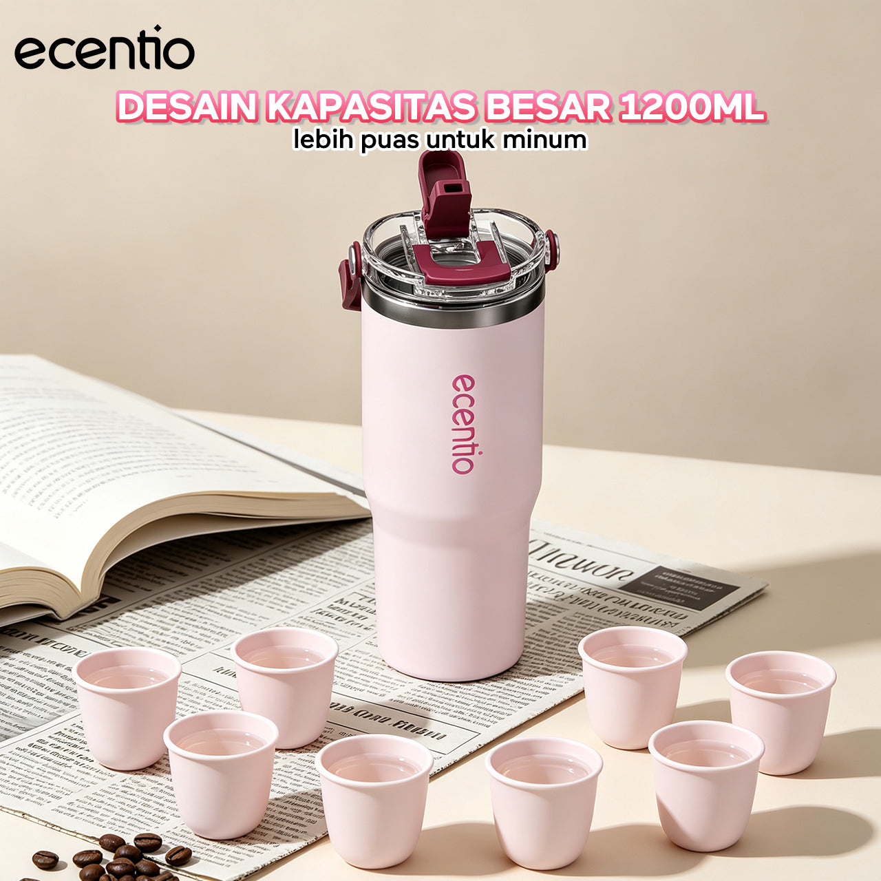 [Soft Rose Pink Series] ecentio Tumbler Stainless 900ml/1200ml Portable Thermos Botol Minum Besar Dengan Tas Tahan Panas Dingin 24 Jam Aesthetic Lucu Termos Air Panas Kopi Dengan Sedotan Cocok Untuk Sekolah Anak Laki-Laki