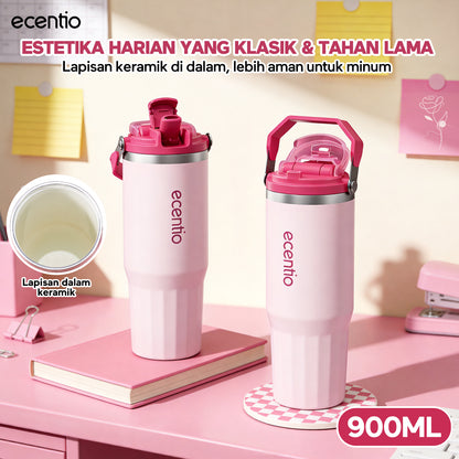 [Soft Rose Pink Series] ecentio Tumbler Stainless 900ml/1200ml Portable Thermos Botol Minum Besar Dengan Tas Tahan Panas Dingin 24 Jam Aesthetic Lucu Termos Air Panas Kopi Dengan Sedotan Cocok Untuk Sekolah Anak Laki-Laki