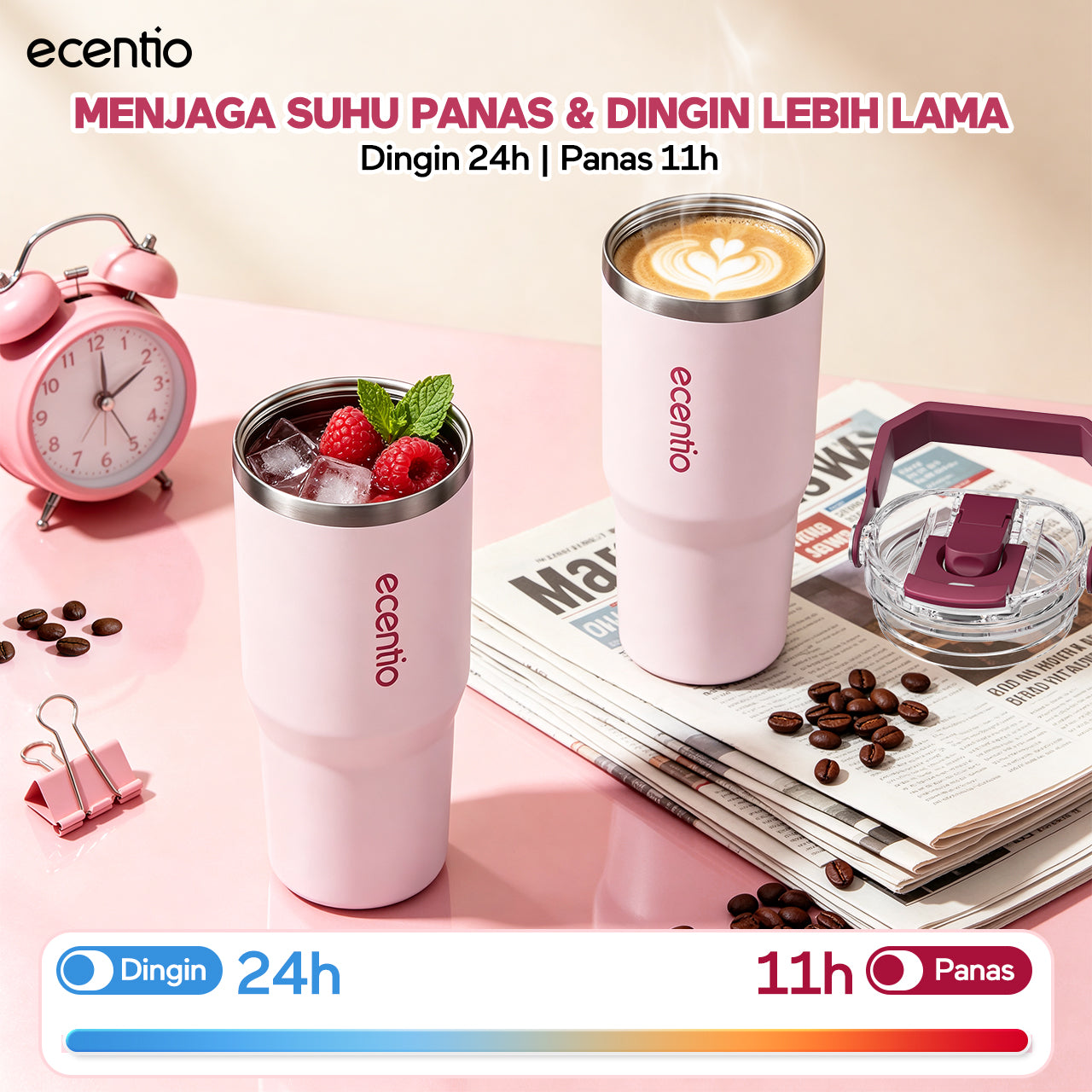 [Soft Rose Pink Series] ecentio Tumbler Stainless 900ml/1200ml Portable Thermos Botol Minum Besar Dengan Tas Tahan Panas Dingin 24 Jam Aesthetic Lucu Termos Air Panas Kopi Dengan Sedotan Cocok Untuk Sekolah Anak Laki-Laki