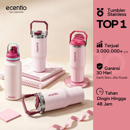 [Soft Rose Pink Series] ecentio Tumbler Stainless 900ml/1200ml Portable Thermos Botol Minum Besar Dengan Tas Tahan Panas Dingin 24 Jam Aesthetic Lucu Termos Air Panas Kopi Dengan Sedotan Cocok Untuk Sekolah Anak Laki-Laki