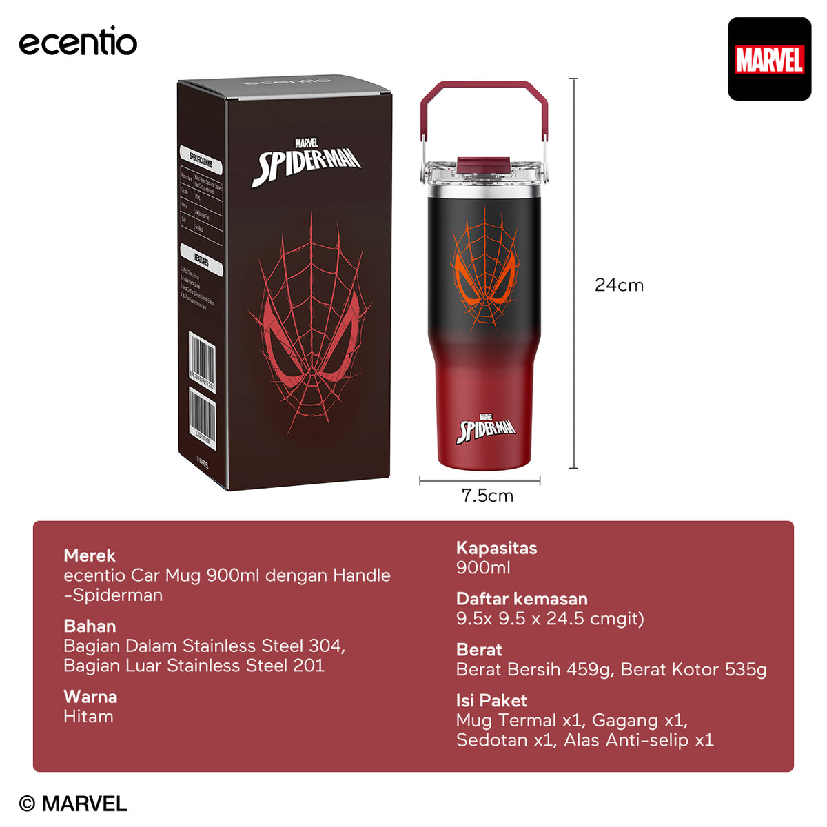 [Spider Man Series] ecentio tumbler stainless 900ml Spider Man botol minum aesthetic olahraga portable termos air panas botol minum 1 liter anti tumpah tahan panas 24 jam handle tersembunyi