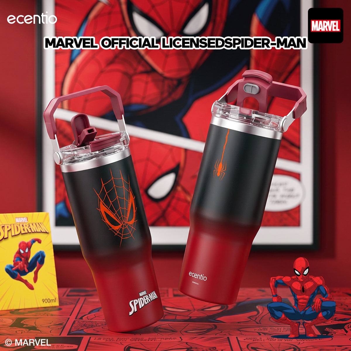 [Spider Man Series] ecentio tumbler stainless 900ml Spider Man botol minum aesthetic olahraga portable termos air panas botol minum 1 liter anti tumpah tahan panas 24 jam handle tersembunyi