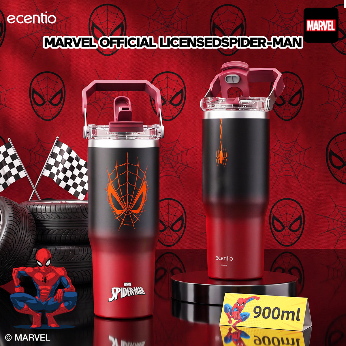 [Spider Man Series] ecentio tumbler stainless 900ml Spider Man botol minum aesthetic olahraga portable termos air panas botol minum 1 liter anti tumpah tahan panas 24 jam handle tersembunyi