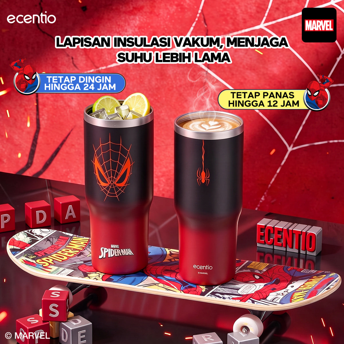 [Spider Man Series] ecentio tumbler stainless 900ml Spider Man botol minum aesthetic olahraga portable termos air panas botol minum 1 liter anti tumpah tahan panas 24 jam handle tersembunyi