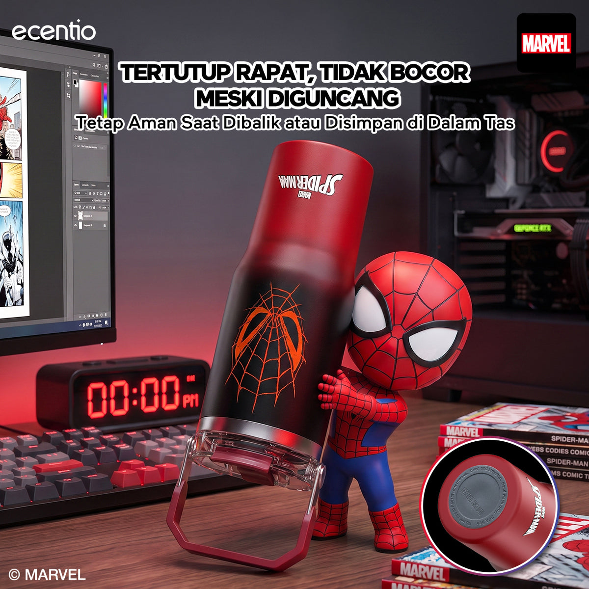 [Spider Man Series] ecentio tumbler stainless 900ml Spider Man botol minum aesthetic olahraga portable termos air panas botol minum 1 liter anti tumpah tahan panas 24 jam handle tersembunyi
