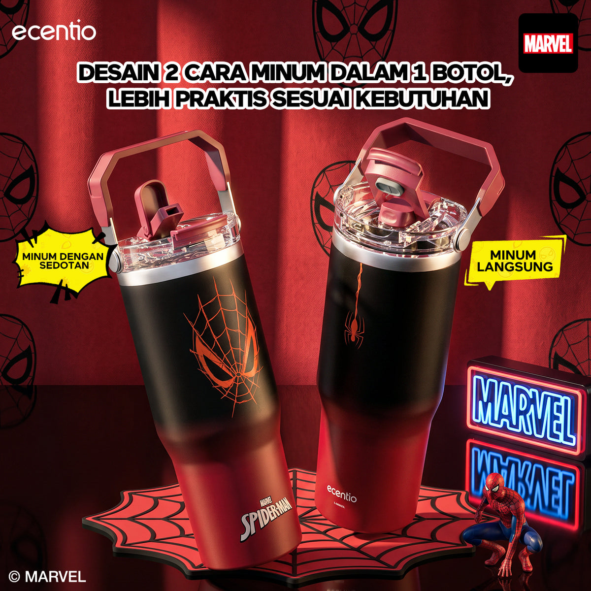 [Spider Man Series] ecentio tumbler stainless 900ml Spider Man botol minum aesthetic olahraga portable termos air panas botol minum 1 liter anti tumpah tahan panas 24 jam handle tersembunyi