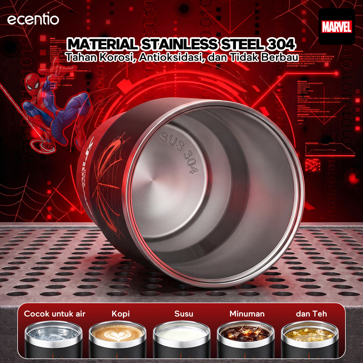 [Spider Man Series] ecentio tumbler stainless 900ml Spider Man botol minum aesthetic olahraga portable termos air panas botol minum 1 liter anti tumpah tahan panas 24 jam handle tersembunyi