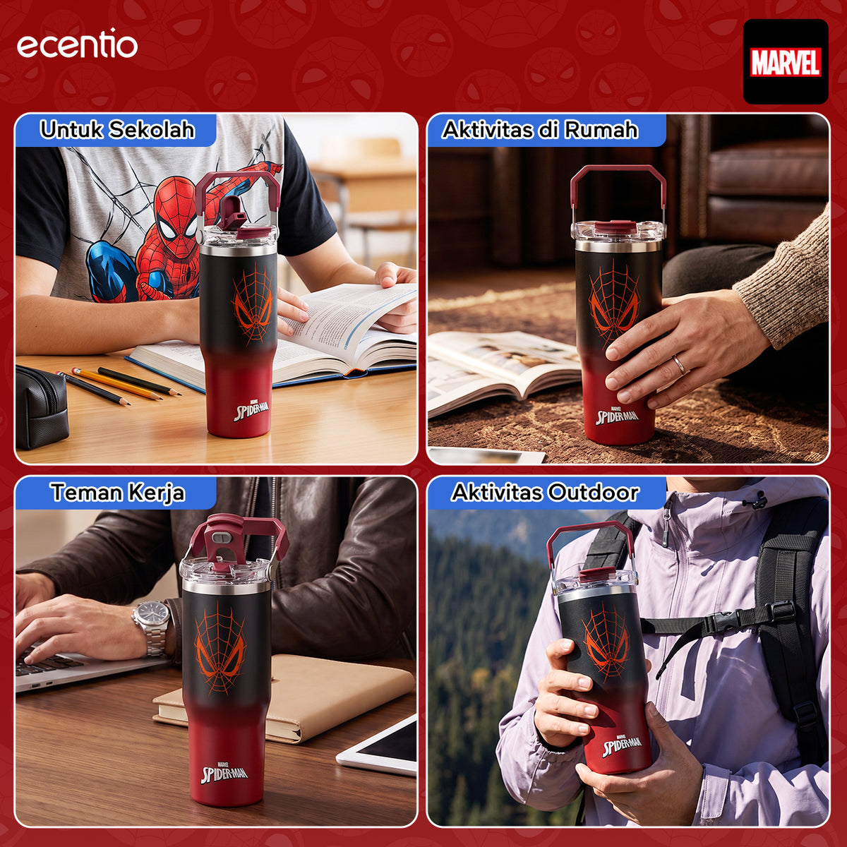 [Spider Man Series] ecentio tumbler stainless 900ml Spider Man botol minum aesthetic olahraga portable termos air panas botol minum 1 liter anti tumpah tahan panas 24 jam handle tersembunyi