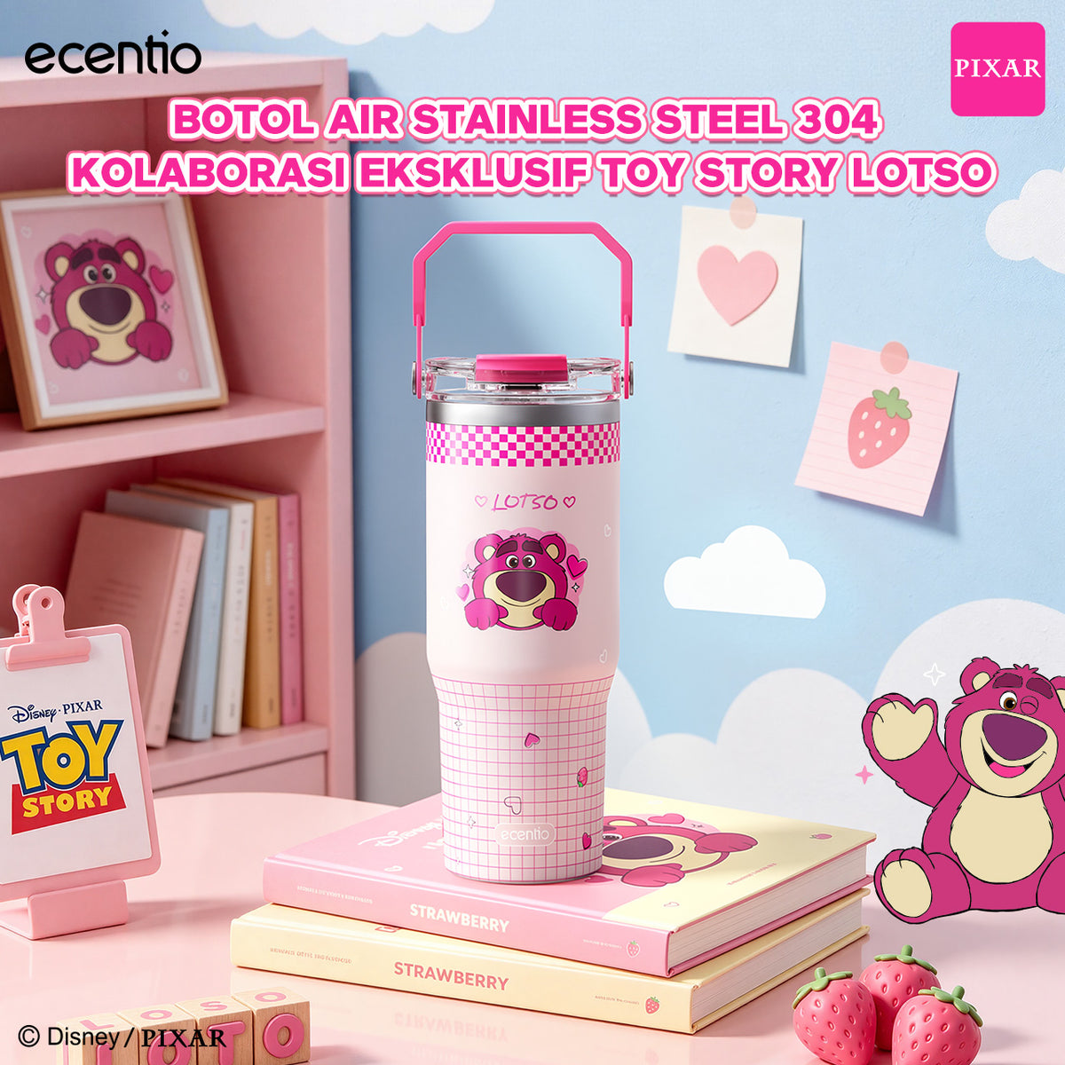 ecentio Tumbler Stainless Steel 900ML Toy Story Lotso Vacuum Thermos Botol Minum Besar Tahan Panas Dingin 24 Jam Dengan Sedotan Portable Aesthetic Disney Botol Air Kopi Anti Bocor