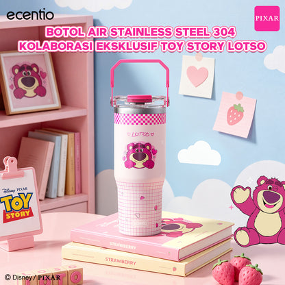 ecentio Tumbler Stainless Steel 900ML Toy Story Lotso Vacuum Thermos Botol Minum Besar Tahan Panas Dingin 24 Jam Dengan Sedotan Portable Aesthetic Disney Botol Air Kopi Anti Bocor