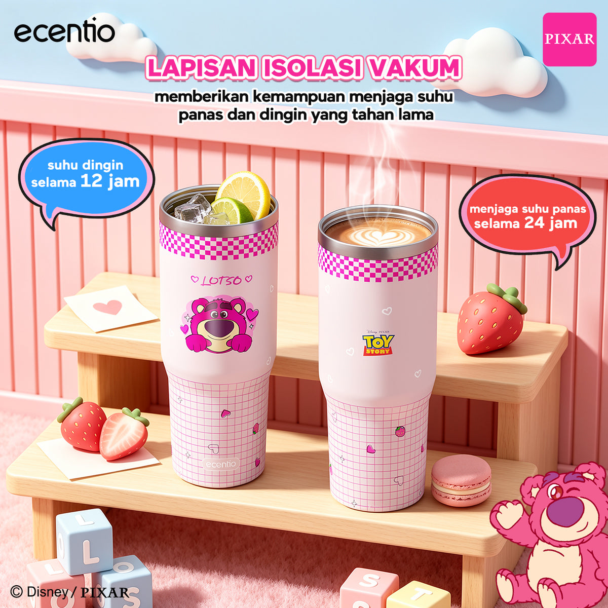 ecentio Tumbler Stainless Steel 900ML Toy Story Lotso Vacuum Thermos Botol Minum Besar Tahan Panas Dingin 24 Jam Dengan Sedotan Portable Aesthetic Disney Botol Air Kopi Anti Bocor