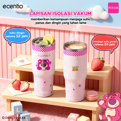 ecentio Tumbler Stainless Steel 900ML Toy Story Lotso Vacuum Thermos Botol Minum Besar Tahan Panas Dingin 24 Jam Dengan Sedotan Portable Aesthetic Disney Botol Air Kopi Anti Bocor