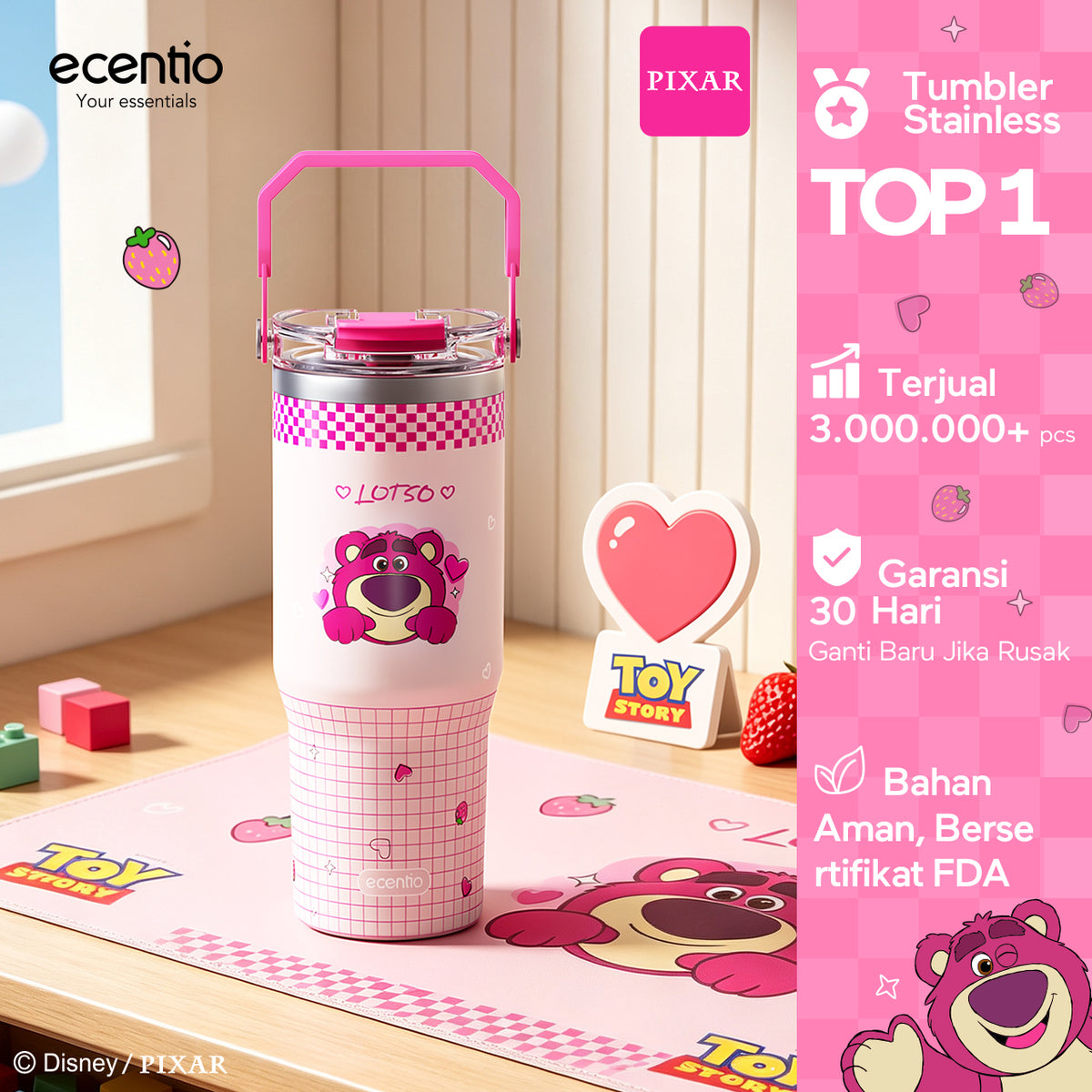 ecentio Tumbler Stainless Steel 900ML Toy Story Lotso Vacuum Thermos Botol Minum Besar Tahan Panas Dingin 24 Jam Dengan Sedotan Portable Aesthetic Disney Botol Air Kopi Anti Bocor