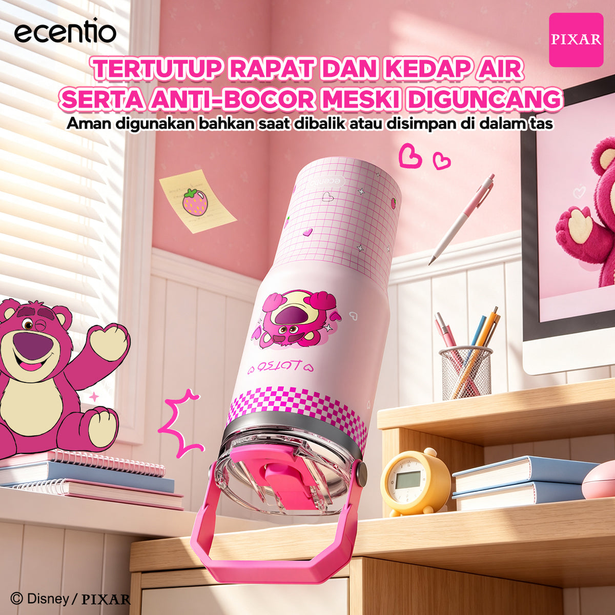 ecentio Tumbler Stainless Steel 900ML Toy Story Lotso Vacuum Thermos Botol Minum Besar Tahan Panas Dingin 24 Jam Dengan Sedotan Portable Aesthetic Disney Botol Air Kopi Anti Bocor