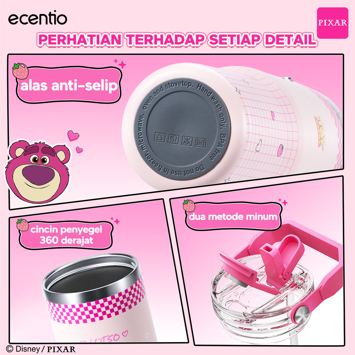 ecentio Tumbler Stainless Steel 900ML Toy Story Lotso Vacuum Thermos Botol Minum Besar Tahan Panas Dingin 24 Jam Dengan Sedotan Portable Aesthetic Disney Botol Air Kopi Anti Bocor