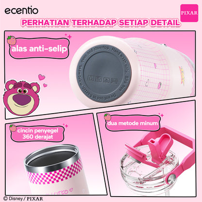 ecentio Tumbler Stainless Steel 900ML Toy Story Lotso Vacuum Thermos Botol Minum Besar Tahan Panas Dingin 24 Jam Dengan Sedotan Portable Aesthetic Disney Botol Air Kopi Anti Bocor