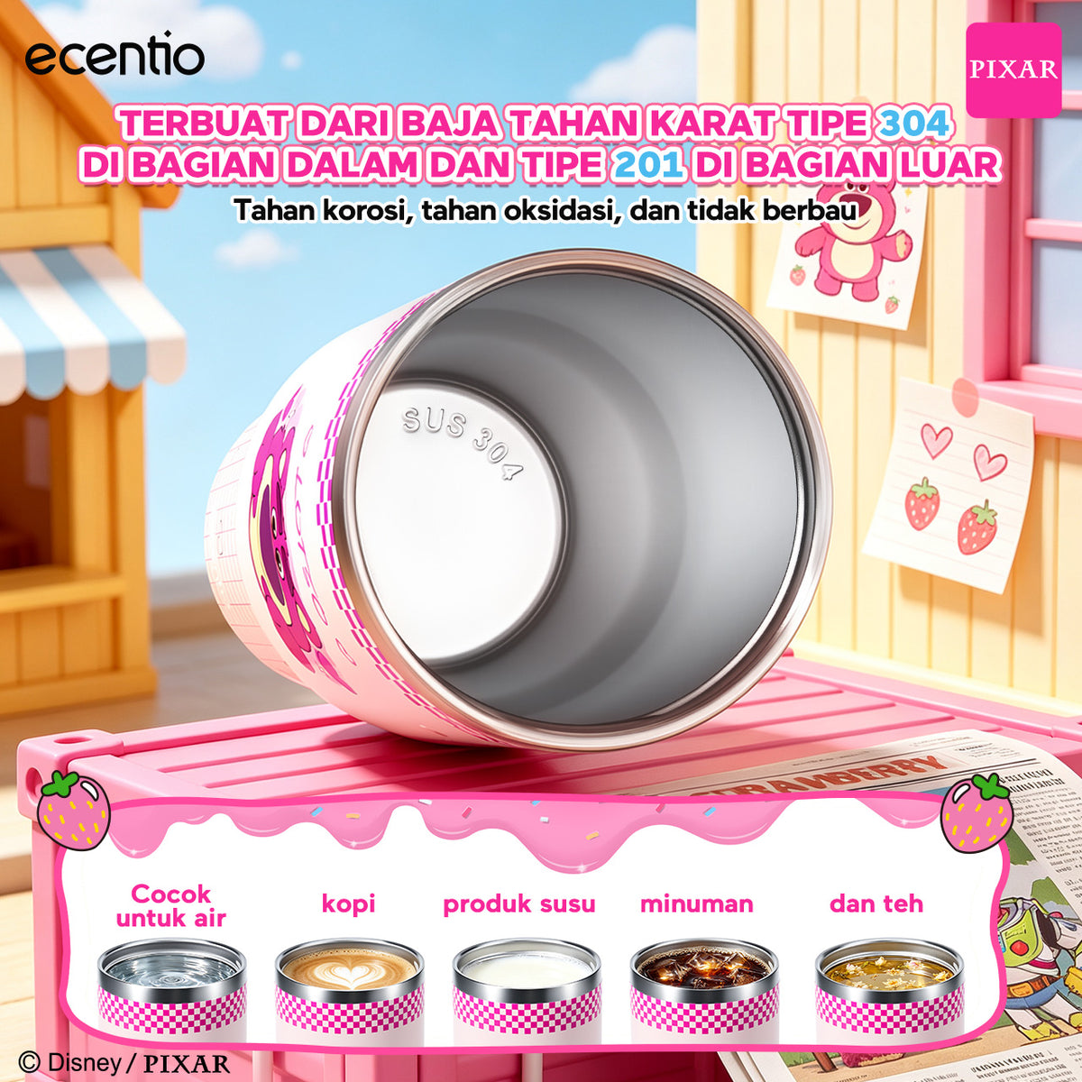 ecentio Tumbler Stainless Steel 900ML Toy Story Lotso Vacuum Thermos Botol Minum Besar Tahan Panas Dingin 24 Jam Dengan Sedotan Portable Aesthetic Disney Botol Air Kopi Anti Bocor