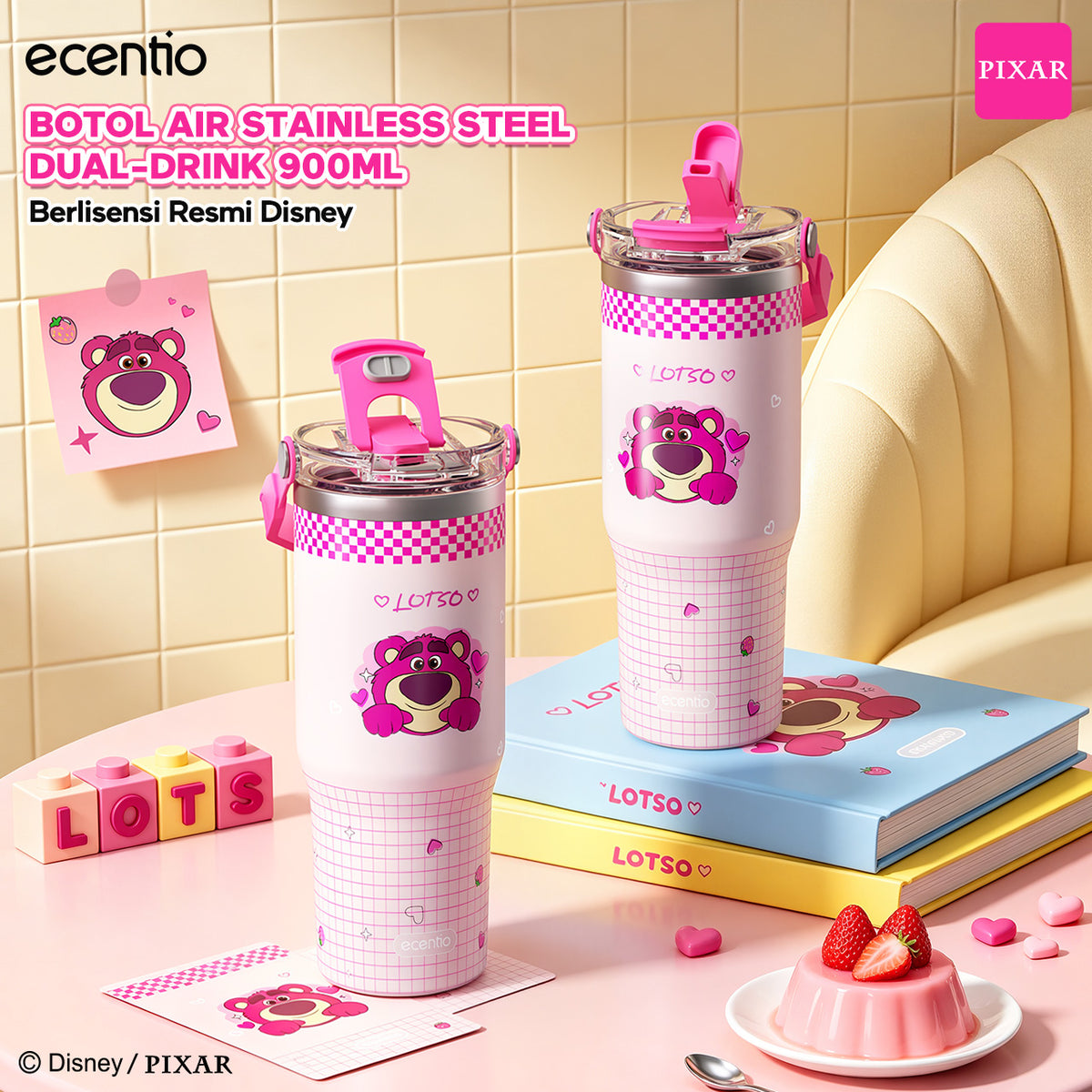 ecentio Tumbler Stainless Steel 900ML Toy Story Lotso Vacuum Thermos Botol Minum Besar Tahan Panas Dingin 24 Jam Dengan Sedotan Portable Aesthetic Disney Botol Air Kopi Anti Bocor