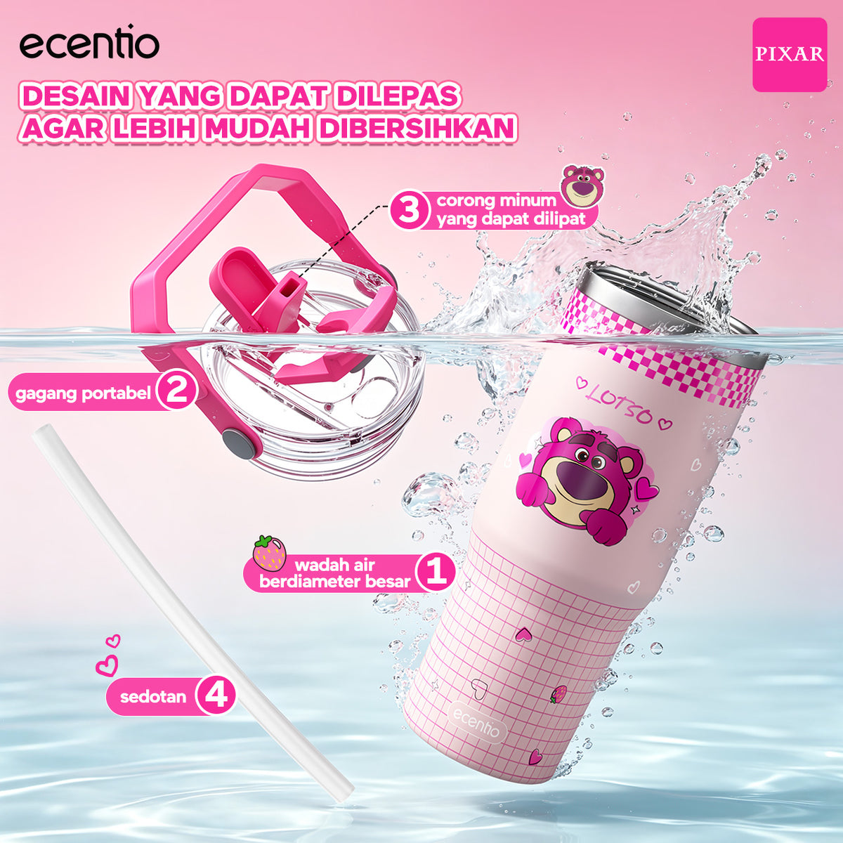 ecentio Tumbler Stainless Steel 900ML Toy Story Lotso Vacuum Thermos Botol Minum Besar Tahan Panas Dingin 24 Jam Dengan Sedotan Portable Aesthetic Disney Botol Air Kopi Anti Bocor