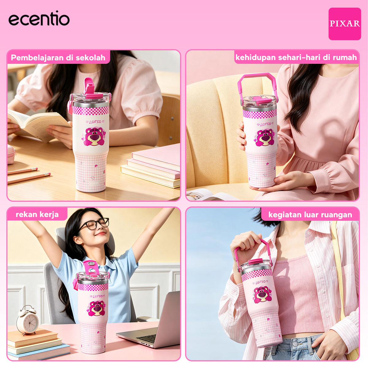 ecentio Tumbler Stainless Steel 900ML Toy Story Lotso Vacuum Thermos Botol Minum Besar Tahan Panas Dingin 24 Jam Dengan Sedotan Portable Aesthetic Disney Botol Air Kopi Anti Bocor