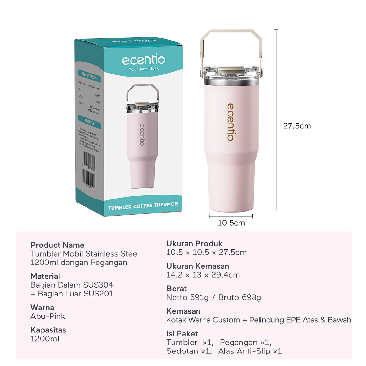 [Seri Dusty Blush Garden] ecentio Tumbler Stainless 304 Aesthetic 670ml/900ml/1200ml Portable Thermos Botol Minum Besar Dengan Tas Tahan Panas Dingin 24 Jam Aesthetic Lucu Termos Air Panas Kopi Dengan Sedotan Cocok Untuk Sekolah Anak Laki-Laki