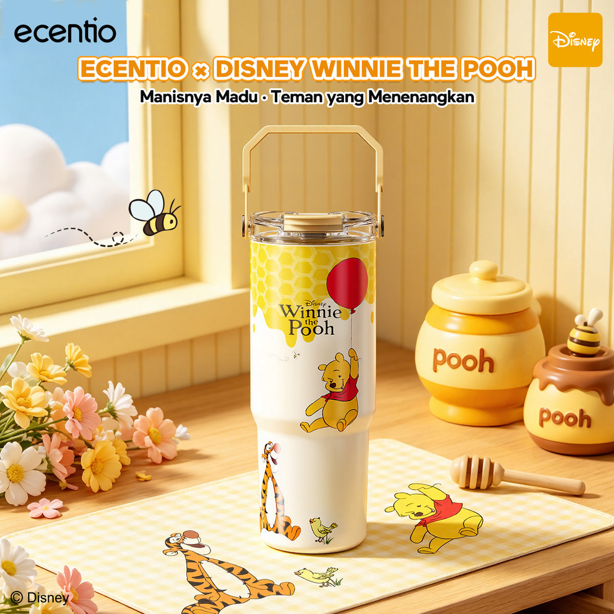 [Winnie the Pooh] ecentio Tumbler Stainless 900ml Disney Portable Thermos Botol Minum Besar Dengan Tas Tahan Panas Dingin 24 Jam Aesthetic Lucu Termos Air Panas Kopi Dengan Sedotan Cocok Untuk Sekolah Anak Laki-Laki