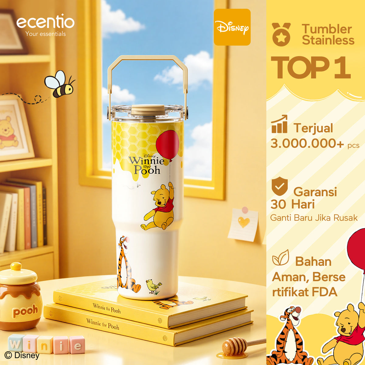 [Winnie the Pooh] ecentio Tumbler Stainless 900ml Disney Portable Thermos Botol Minum Besar Dengan Tas Tahan Panas Dingin 24 Jam Aesthetic Lucu Termos Air Panas Kopi Dengan Sedotan Cocok Untuk Sekolah Anak Laki-Laki
