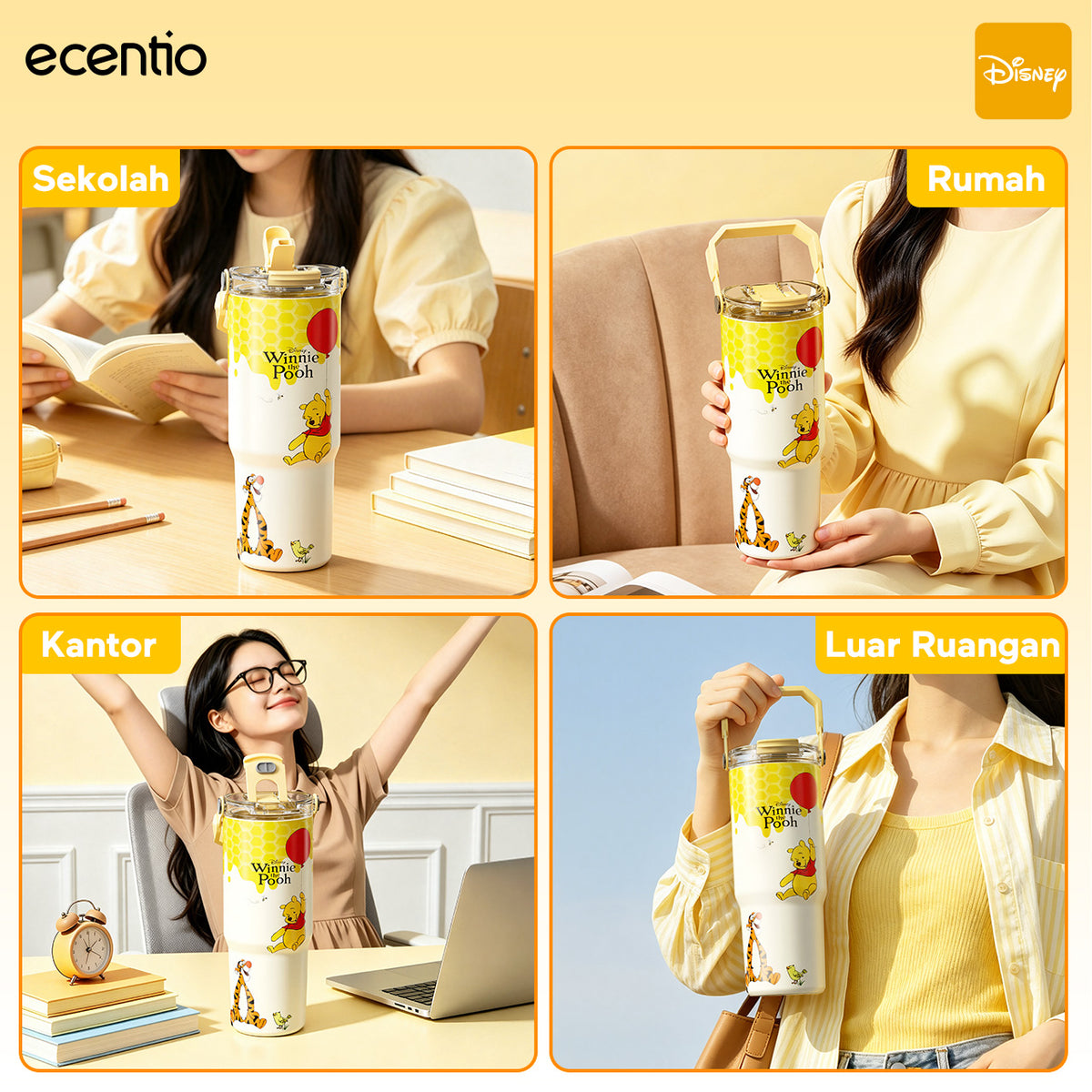 [Winnie the Pooh] ecentio Tumbler Stainless 900ml Disney Portable Thermos Botol Minum Besar Dengan Tas Tahan Panas Dingin 24 Jam Aesthetic Lucu Termos Air Panas Kopi Dengan Sedotan Cocok Untuk Sekolah Anak Laki-Laki