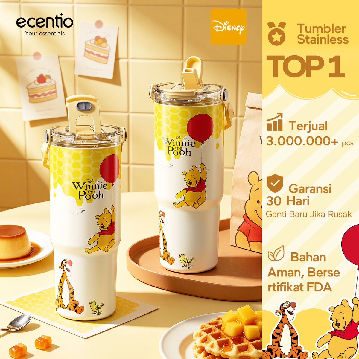 [Winnie the Pooh] ecentio Tumbler Stainless 900ml Disney Portable Thermos Botol Minum Besar Dengan Tas Tahan Panas Dingin 24 Jam Aesthetic Lucu Termos Air Panas Kopi Dengan Sedotan Cocok Untuk Sekolah Anak Laki-Laki