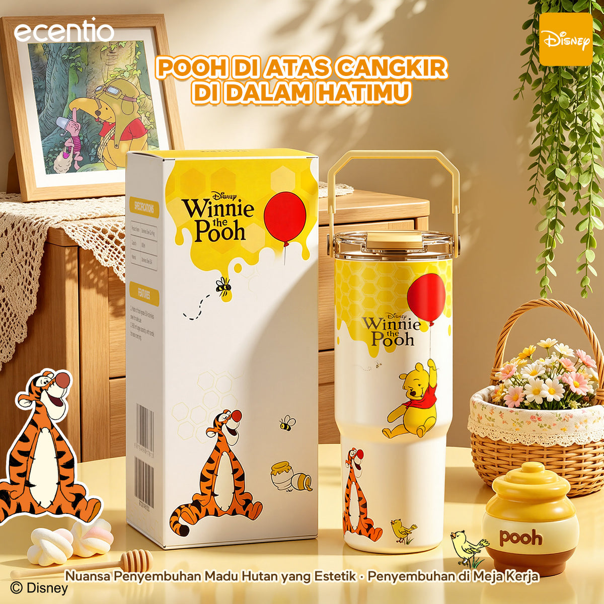 [Winnie the Pooh] ecentio Tumbler Stainless 900ml Disney Portable Thermos Botol Minum Besar Dengan Tas Tahan Panas Dingin 24 Jam Aesthetic Lucu Termos Air Panas Kopi Dengan Sedotan Cocok Untuk Sekolah Anak Laki-Laki