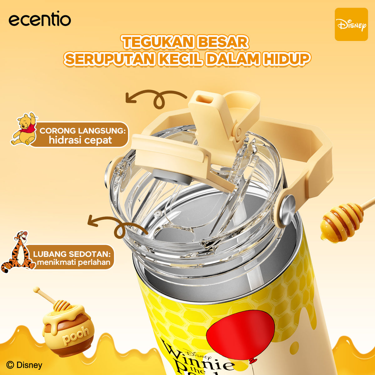 [Winnie the Pooh] ecentio Tumbler Stainless 900ml Disney Portable Thermos Botol Minum Besar Dengan Tas Tahan Panas Dingin 24 Jam Aesthetic Lucu Termos Air Panas Kopi Dengan Sedotan Cocok Untuk Sekolah Anak Laki-Laki