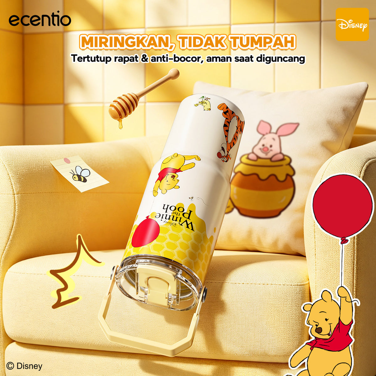 [Winnie the Pooh] ecentio Tumbler Stainless 900ml Disney Portable Thermos Botol Minum Besar Dengan Tas Tahan Panas Dingin 24 Jam Aesthetic Lucu Termos Air Panas Kopi Dengan Sedotan Cocok Untuk Sekolah Anak Laki-Laki