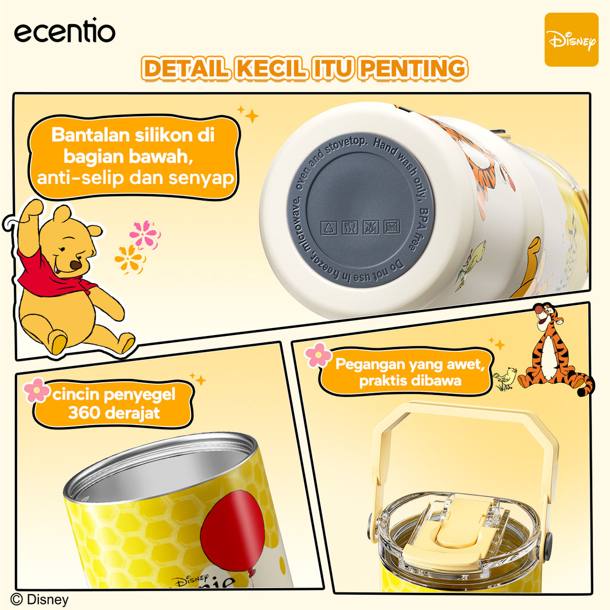 [Winnie the Pooh] ecentio Tumbler Stainless 900ml Disney Portable Thermos Botol Minum Besar Dengan Tas Tahan Panas Dingin 24 Jam Aesthetic Lucu Termos Air Panas Kopi Dengan Sedotan Cocok Untuk Sekolah Anak Laki-Laki