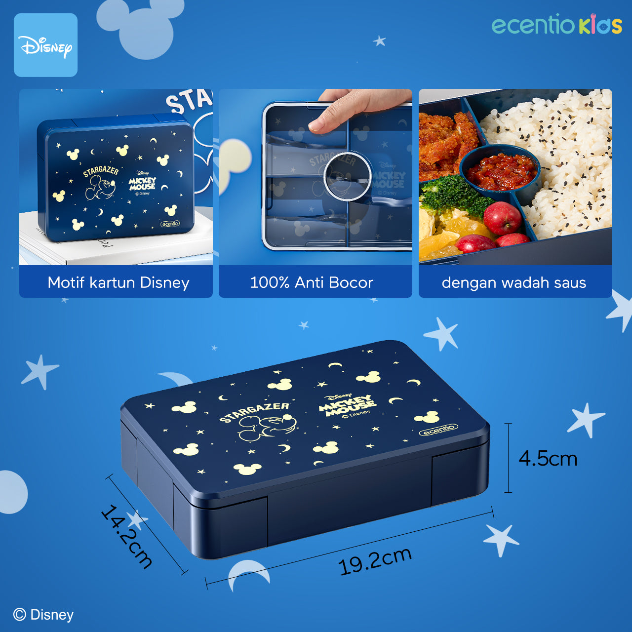 【Orignal】ecentiokids tempat makan anak Disney Mickey lucu sekolah BPA free bayi anti tumpah lunch box