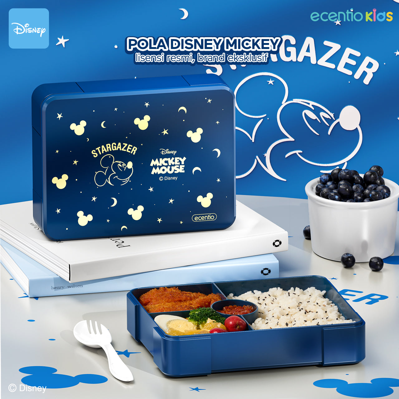 【Orignal】ecentiokids tempat makan anak Disney Mickey lucu sekolah BPA free bayi anti tumpah lunch box