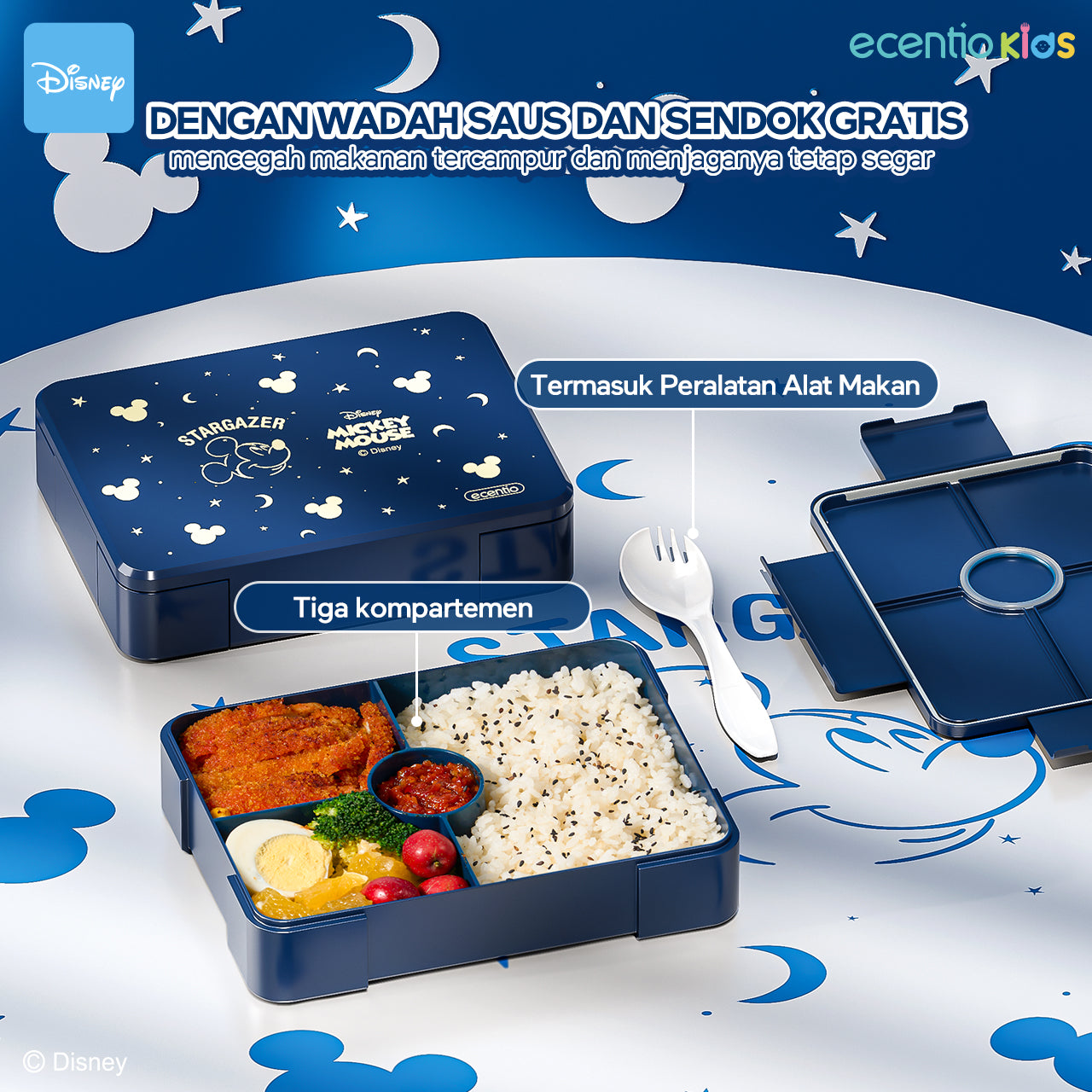 【Orignal】ecentiokids tempat makan anak Disney Mickey lucu sekolah BPA free bayi anti tumpah lunch box