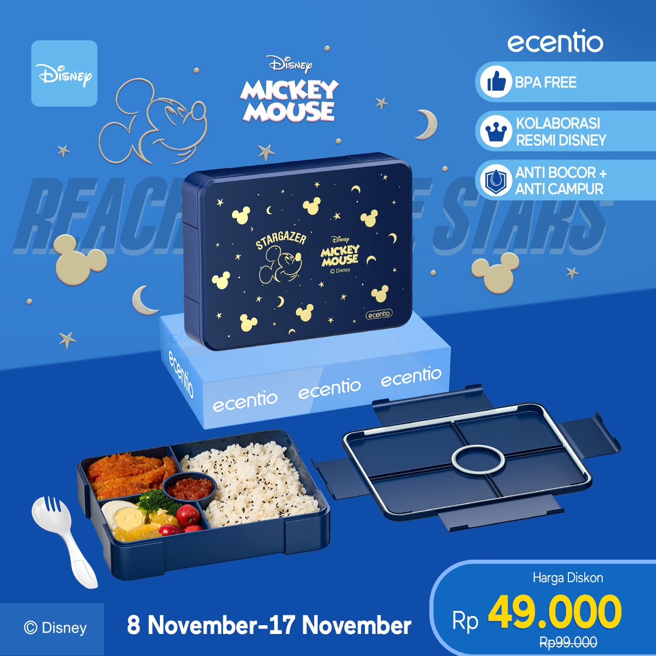 【Orignal】ecentiokids tempat makan anak Disney Mickey lucu sekolah BPA free bayi anti tumpah lunch box