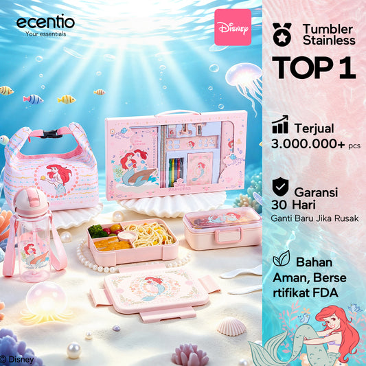 [Back To School] ecentio × Disney Princess Ariel Botol Minum & Kotak Makan Anak Anti Tumpah Lunch Box Snack box Free Sendok Tas Bekal BPA Free Tahan Panas - PO 11 June