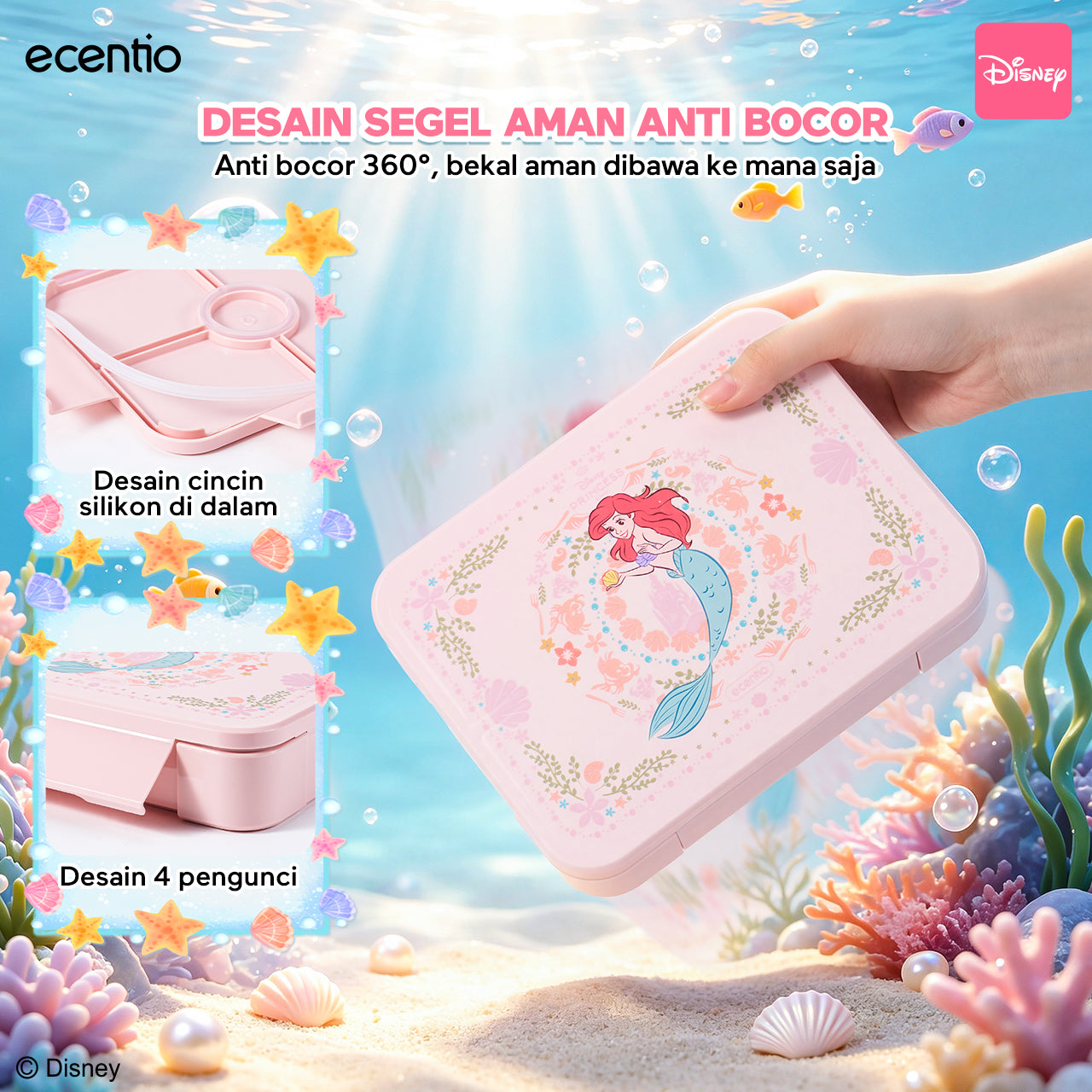 [Back To School] ecentio × Disney Princess Ariel Botol Minum & Kotak Makan Anak Anti Tumpah Lunch Box Snack box Free Sendok Tas Bekal BPA Free Tahan Panas - PO 11 June