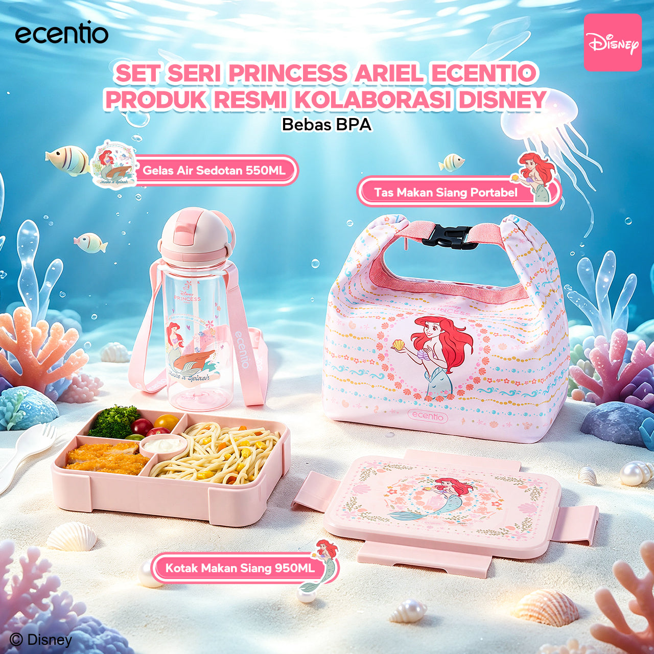 【PO 11 June】ecentio Set Seri Disney botol minum anak & kotak makan anak anti tumpah lunch box gratis sendok tas bekal tas sekolah back to school kotak snack aman makanan BPA Free tahan panas tahan bocor