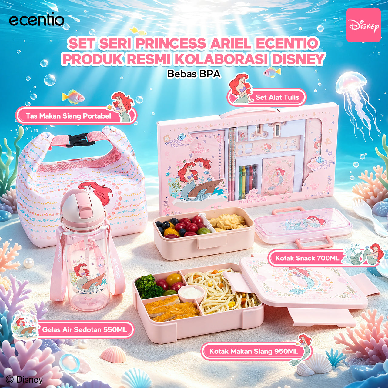 【PO 11 June】ecentio Set Seri Disney botol minum anak & kotak makan anak anti tumpah lunch box gratis sendok tas bekal tas sekolah back to school kotak snack aman makanan BPA Free tahan panas tahan bocor
