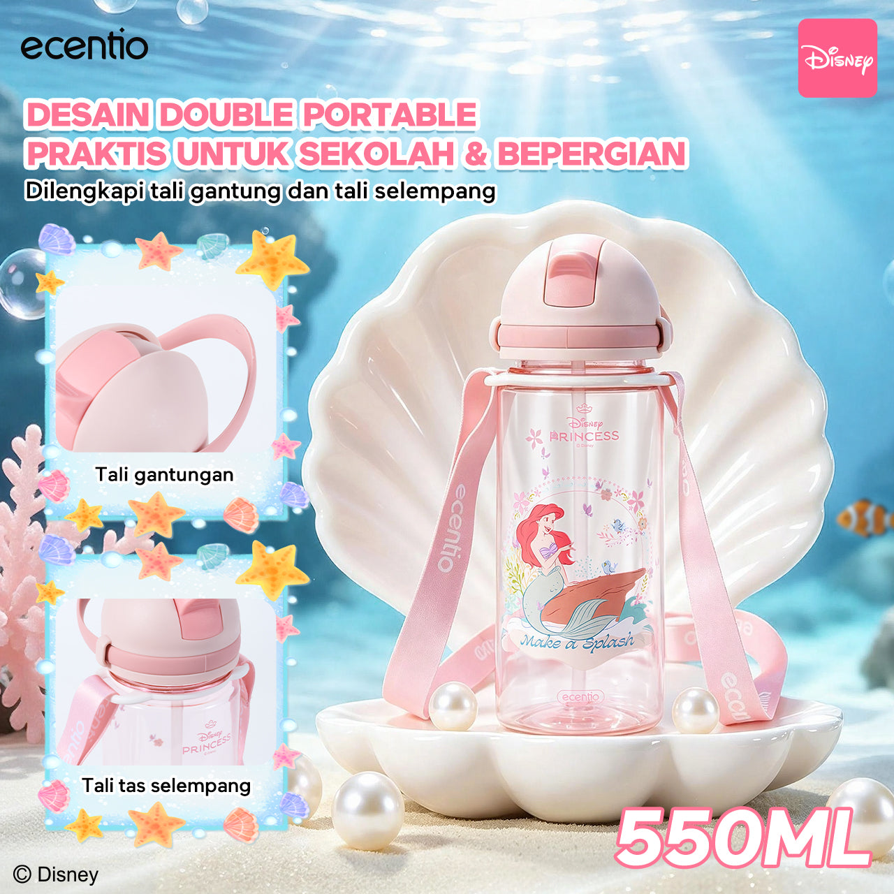 [Back To School] ecentio × Disney Princess Ariel Botol Minum & Kotak Makan Anak Anti Tumpah Lunch Box Snack box Free Sendok Tas Bekal BPA Free Tahan Panas - PO 11 June
