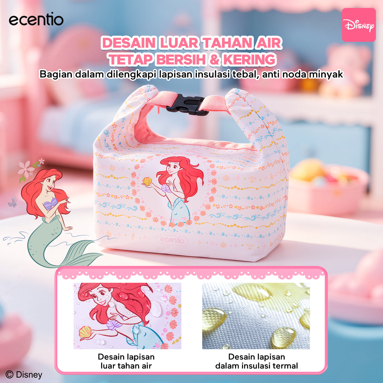 [Back To School] ecentio × Disney Princess Ariel Botol Minum & Kotak Makan Anak Anti Tumpah Lunch Box Snack box Free Sendok Tas Bekal BPA Free Tahan Panas - PO 11 June