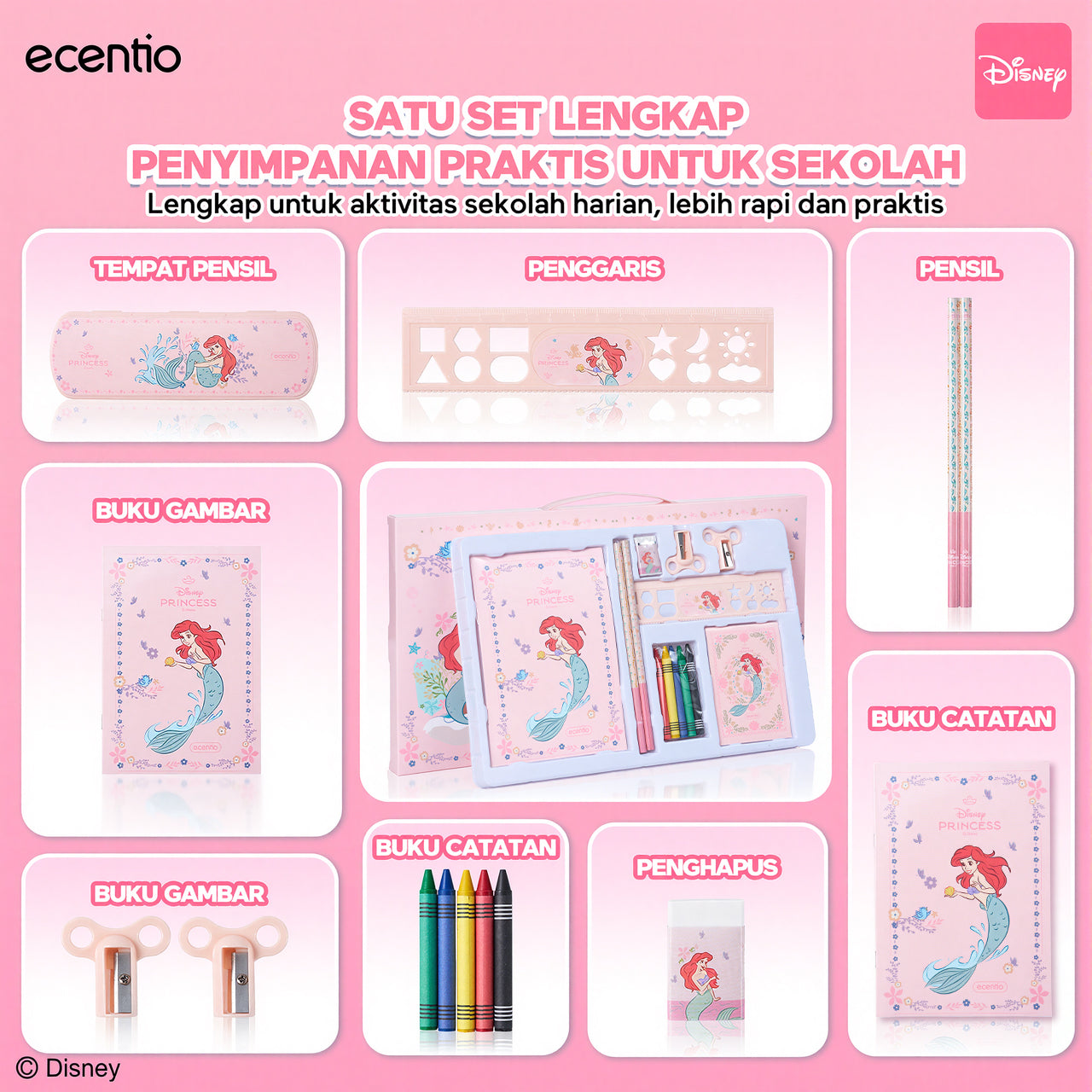 [Back To School] ecentio × Disney Princess Ariel Botol Minum & Kotak Makan Anak Anti Tumpah Lunch Box Snack box Free Sendok Tas Bekal BPA Free Tahan Panas - PO 11 June