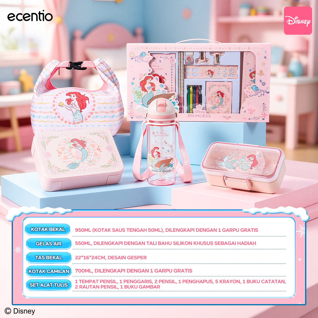 【PO 11 June】ecentio Set Seri Disney botol minum anak & kotak makan anak anti tumpah lunch box gratis sendok tas bekal tas sekolah back to school kotak snack aman makanan BPA Free tahan panas tahan bocor