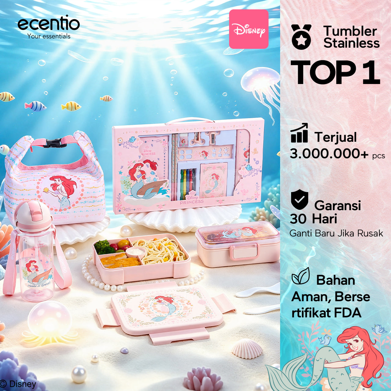 【PO 11 June】ecentio Set Seri Disney botol minum anak & kotak makan anak anti tumpah lunch box gratis sendok tas bekal tas sekolah back to school kotak snack aman makanan BPA Free tahan panas tahan bocor