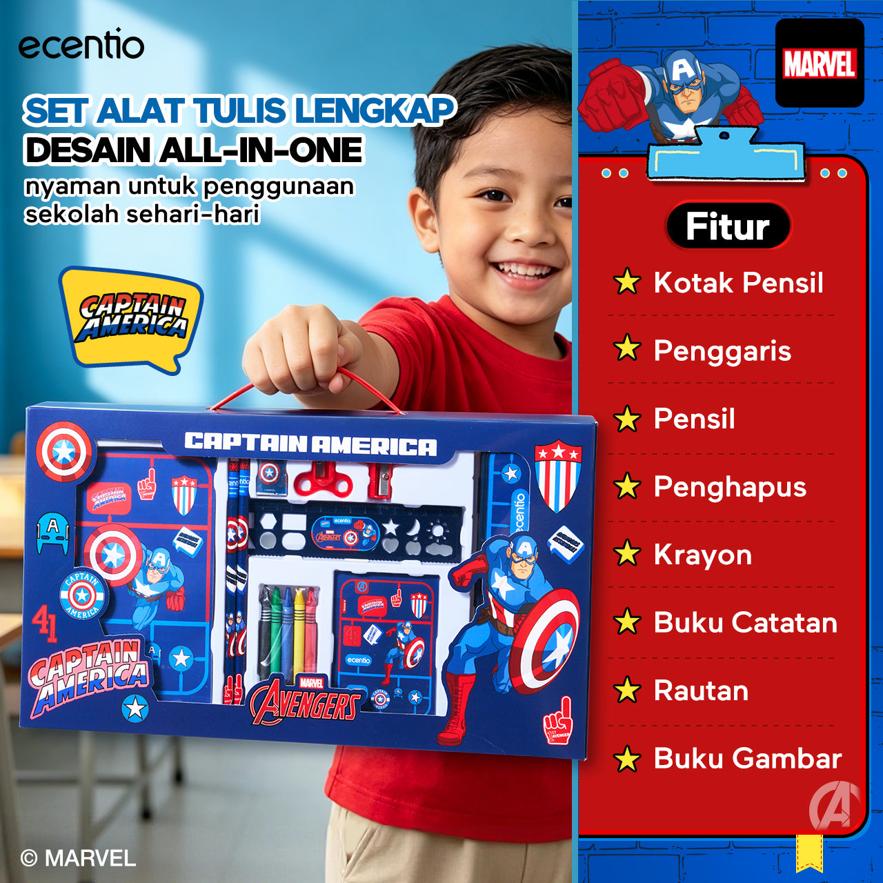 [Back To School] ecentio Captain America Lunch Box Anak Set Botol Minum Kotak Makan Anak Anti Bocor Anti Tumpah Tempat Bekal Anak Sekolah BPA Free Tas Bekal Kotak Bekal Sekolah Perlengkapan Sekolah [PO 11 June]