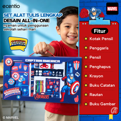 [Back To School] ecentio Captain America Lunch Box Anak Set Botol Minum Kotak Makan Anak Anti Bocor Anti Tumpah Tempat Bekal Anak Sekolah BPA Free Tas Bekal Kotak Bekal Sekolah Perlengkapan Sekolah [PO 11 June]