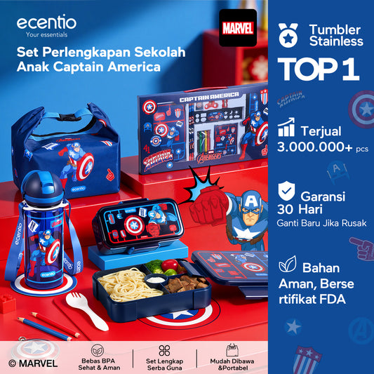 【PO 11 June】 ecentio Captain America Lunch Box Anak Set Botol Minum Kotak Makan Anak Anti Bocor Anti Tumpah Tempat Bekal Anak Sekolah BPA Free Tas Bekal Kotak Bekal Sekolah Perlengkapan Sekolah